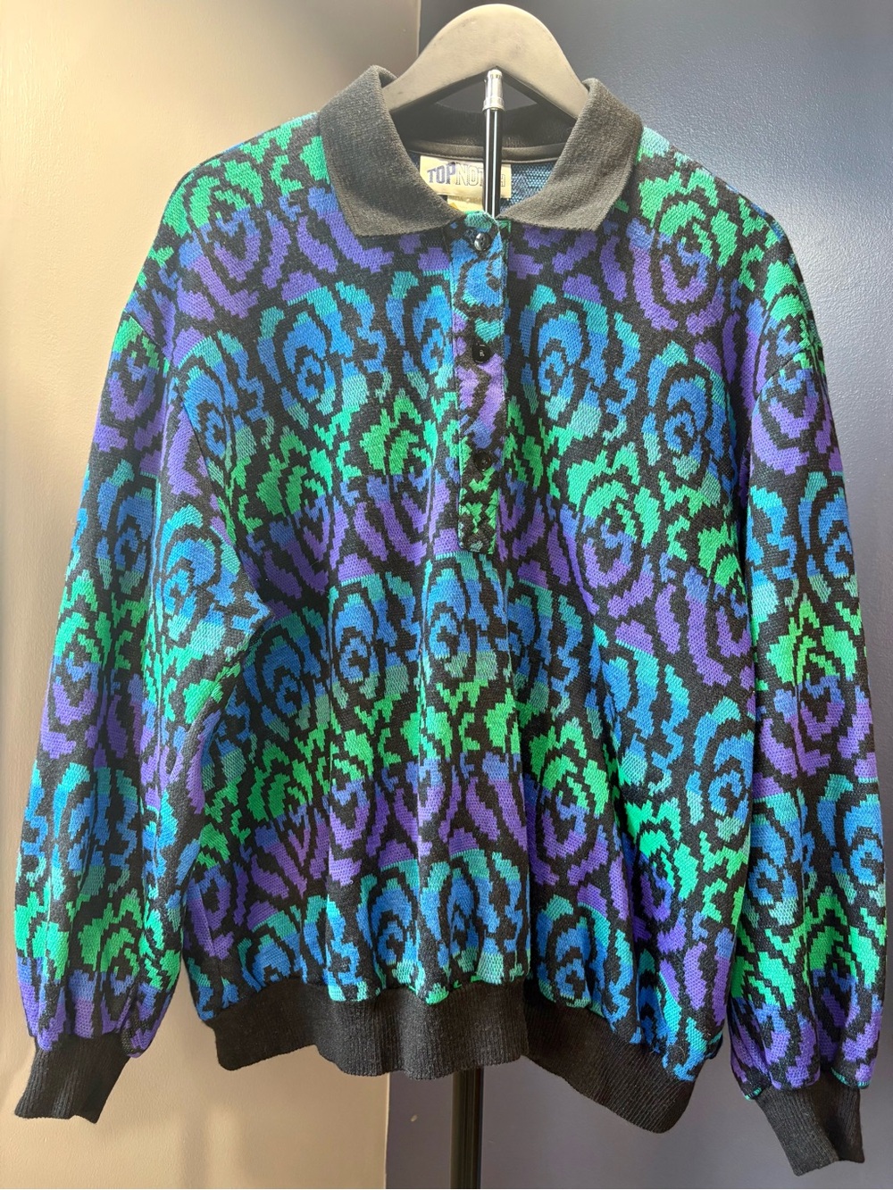 Vintage TOP NOTCH Knitted Polo Sweater Abstract Pattern
